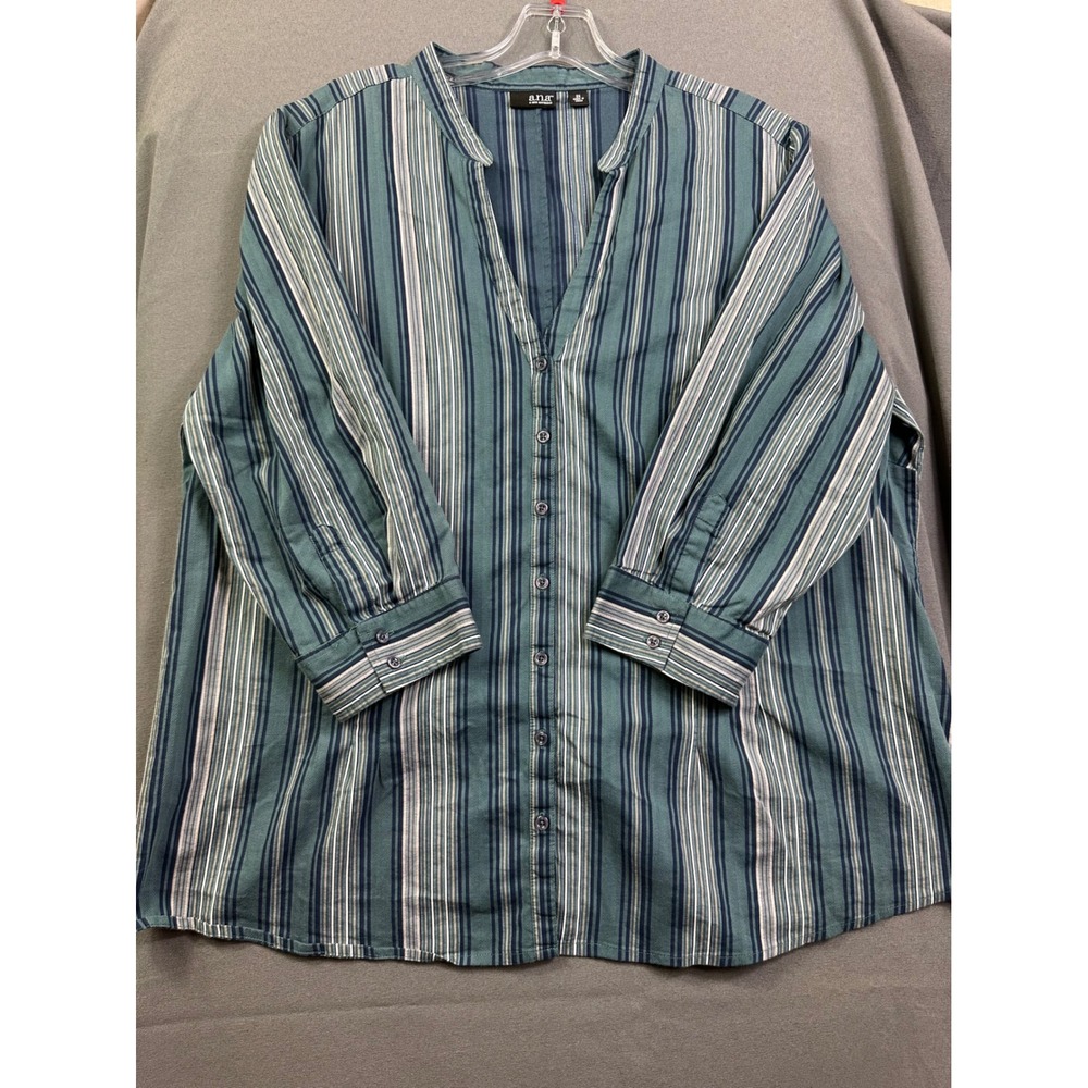 ANA A New Approach Womens‎ 2X Teal Blue Striped Button Down 3/4 Sleeve Shirt